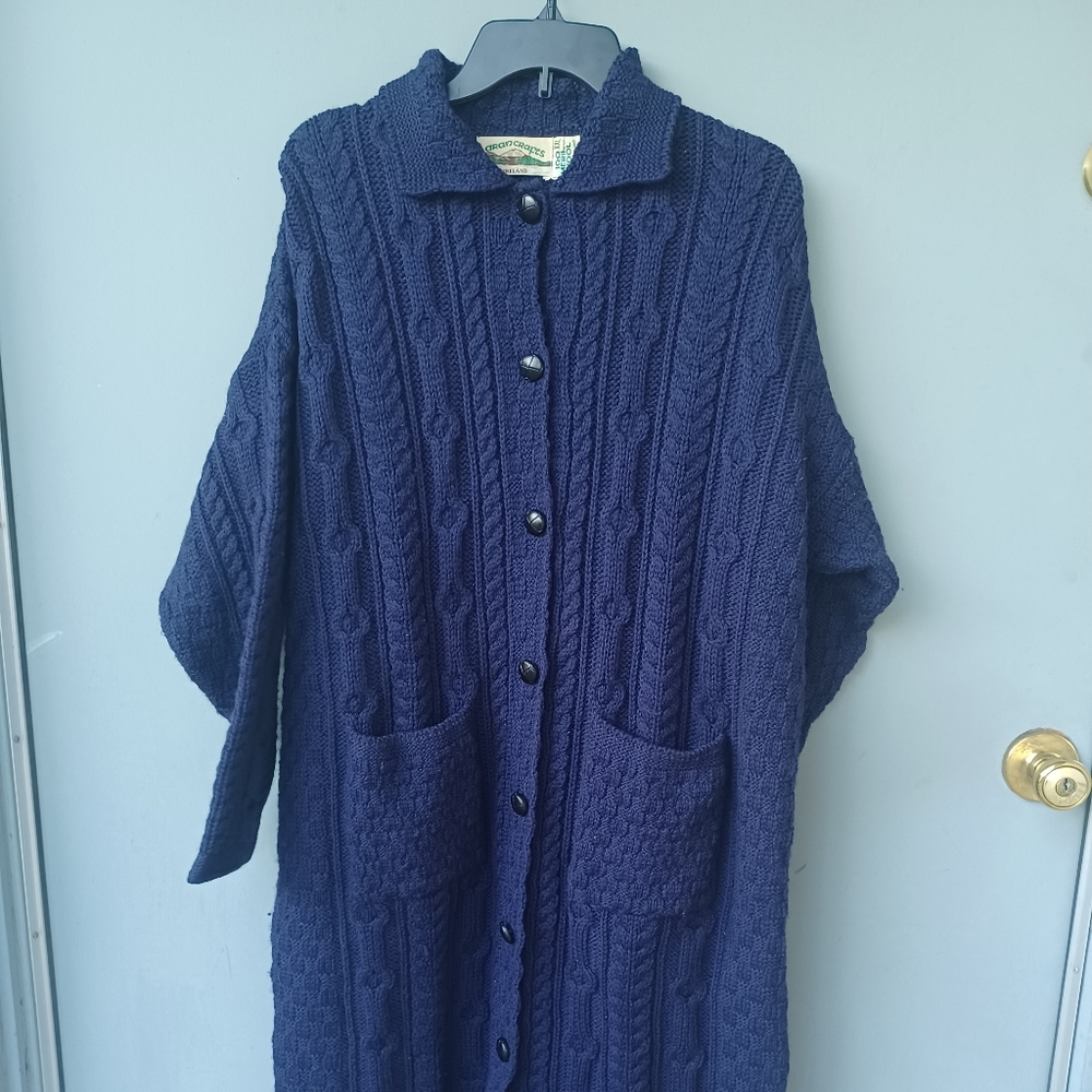 Cran Craft 100% blue wool cable knit sweater coat XXL